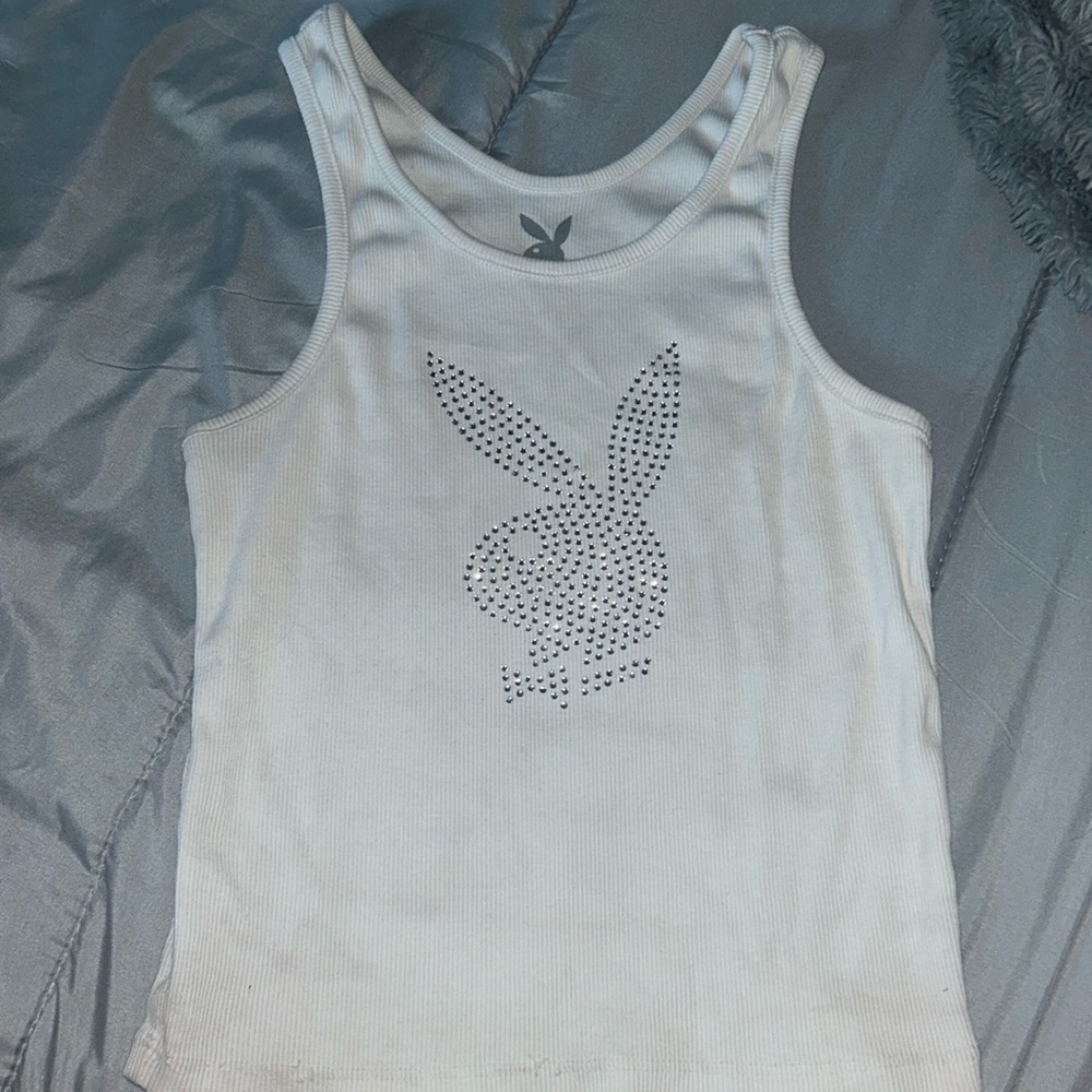 Playboy Small Bedazzled Tank- White ribbed material & Silver gem pattern